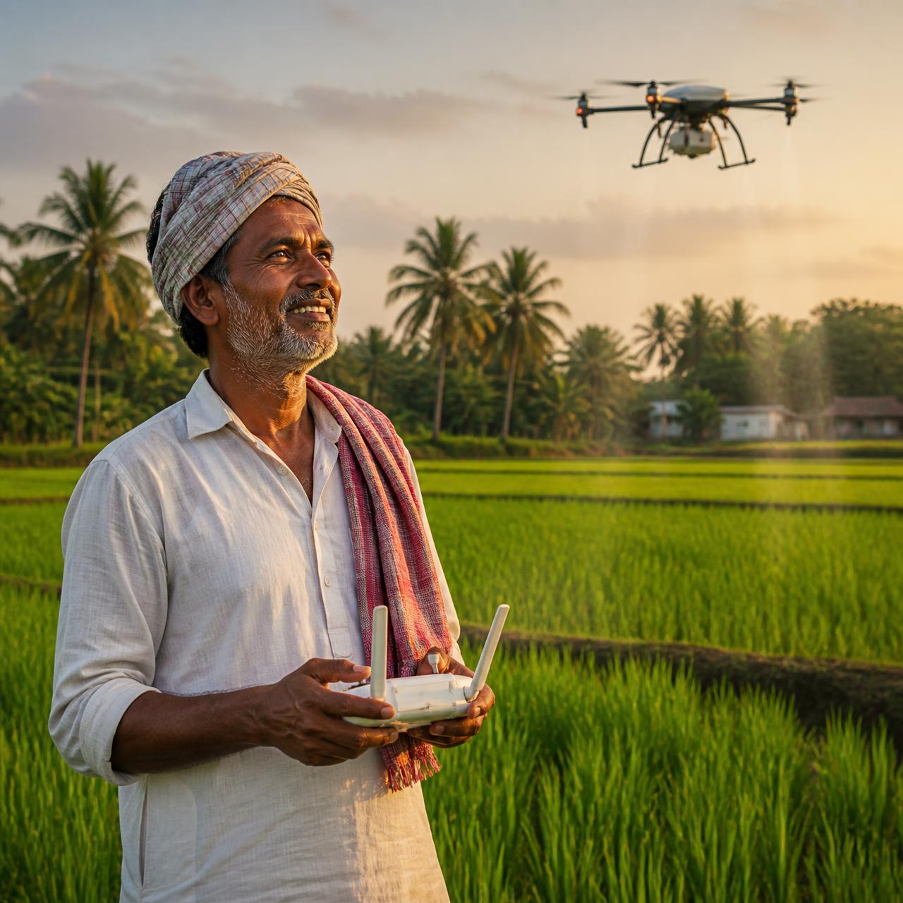 Certified pilot operating an Eshma drone in an Indian field